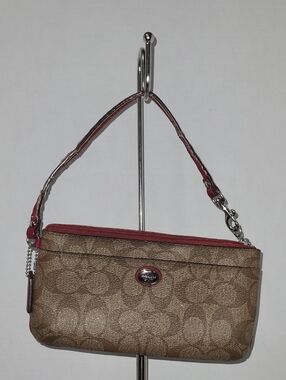 Coach Signature Canvas Wristlet with Red Trim and Brown Monogram